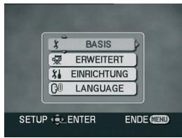 BASIS ERWEITERT EINRICHTUNG LANGUAGE SETUP ENTER ENDE MENU