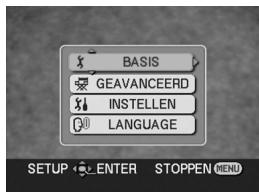 BASIS GEAVANCEERD INSTELLEN LANGUAGE SETUP ENTER STOPPEN MENU
