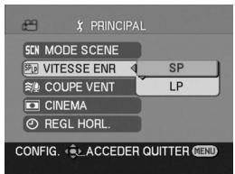 PRINCIPAL SCH MODE SCENE VITESSE ENR SP COUPE VENT LP CINEMA REGL HORL. CONFIG. ACCEDER QUITTER MENU