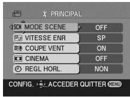 PRINCIPAL SON MODE SCENE OFF VITESSE ENR SP COUPE VENT ON CINEMA OFF REGL HORL. NON CONFIG. ACCEDER QUTTER MENU