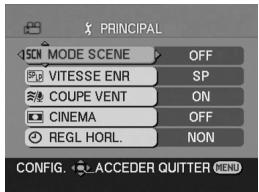 PRINCIPAL SON MODE SCENE OFF VITESSE ENR SP COUPE VENT ON CINEMA OFF REGL HORL. NON CONFIG. ACCEDER QUTTER MENU