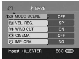 BASE SON MODO SCENE OFF VEL. REG. SP WIND CUT ON CINEMA OFF IMP. ORA NO Impost. ENTER ESCI MENU