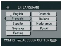 LANGUAGE English Français Espanol Svenska Češina Deutsch Italiano Nederlands Polski CONFIG. ACCEDER QUITTER MENU