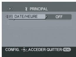 PRINCIPAL DATE/HEURE OFF CONFIG. ACCEDER QUITTER MENU