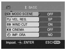BASE SON MODO SCENE OFF VEL. REG. SP WIND CUT ON CINEMA OFF IMP. ORA NO Impost. ENTER ESCI MENU
