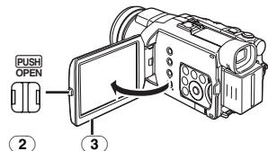 PANASONIC PV-GS400 - Press the [PUSH OPEN] Button 2 and pull the LCD Monitor 3 out in the direction of the arrow. - 1