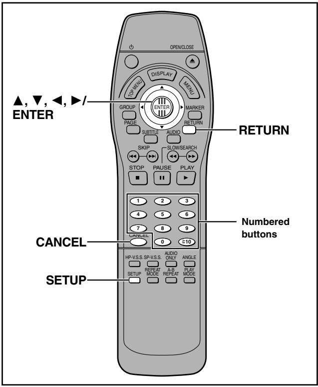 OPEN/CLOSE TOP MENU DISPLAY MENU GROUP ENTER MARKER PAGE SUBTITLE AUDIO RETURN SKIP SLOW/SEARCH STOP PAUSE PLAY ■ ■ ■ ■ 1 2 3 4 5 6 7 8 9 CANCEL 0 ≥10 HIP-V.S.S. SP-V.S.S. AUDIO ONLY ANGLE REPEAT A-B PLAY SETUP MODE REPEAT MODE ▲, ▼, ◀, ▶/ ENTER RETURN Numbered buttons CANCEL SETUP