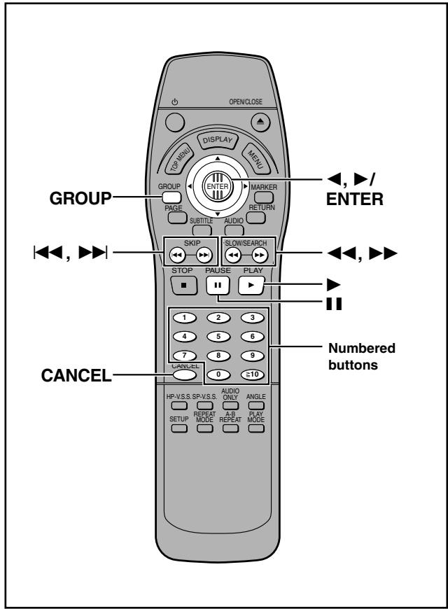 OPENCLOSE GROUP TOP MENU DISPLAY MENU GROUP ENTER PAGE SUBTITLE AUDIO MARKER RETURN SKIP SLOW/SEARCH STOP PAUSE PLAY 1 2 3 4 5 6 7 8 9 CANCEL 0 ≥10 Numbered buttons CANCEL HIP-V.S.S. SP-V.S.S. AUDIO ONLY ANGLE A-B PLAY MODE REPEAT REPEAT MODE