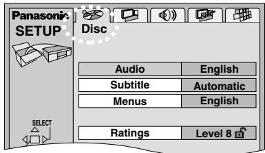 Panasonic SETUP Disc Audio English Subtitle Automatic Menus English Ratings Level 8