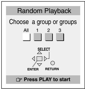 Random Playback Choose a group or groups All 1 2 3 SELECT ENTER RETURN Press PLAY to start