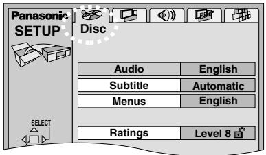 Panasonic SETUP Disc Audio English Subtitle Automatic Menus English Ratings Level 8