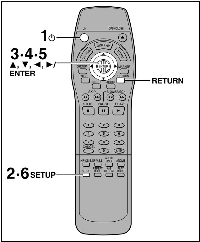 1 OPEN/CLOSE 3.4.5 ▲, ▼, ◀, ►/ ENTER GROUP PAGE SUBTITLE AUDIO MARKER RETURN SKIP SLOW/SEARCH STOP PAUSE PLAY 1 2 3 4 5 6 7 8 9 CANCEL 0 ≥10 HP-V.S.S SP-V.S.S. AUDIO ONLY ANGLE REPEAT A.B PLAY MODE MODE SETUP