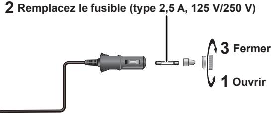 2 Remplacez le fusible (type 2,5 A, 125 V/250 V) 3 Fermer 1 Ouvrir