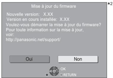 Mise à jour du firmware Nouvelle version: X.XX Version en cours installée: X.XX Voulez-vous démarrer la mise à jour du firmware? Pour toute information sur la mise à jour, voir: http://panasonic.net/support/ Oui Non OK RETURN