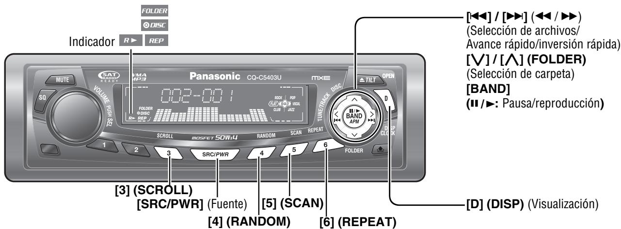 FOLDER © DISC Indicador R ▶ REP VOLUME PUSH SET MUTE SAT RADIO HUA IP3 Panasonic CQ-C5403U TUNETRACK DISC R▶ REP 1 2 3 SRC/PWR 4 5 6 FOLDER [3] (SCROLL) [SRC/PWR] (Fuente) [4] (RANDOM) [5] (SCAN) [6] (REPEAT) [D] (DISP) (Visualización) [◀◀] / [▶◀] (◀◀ / ▶◀) (Selección de archivos/ Avance rápido/inversión rápida) [∨] / [∧] (FOLDER) (Selección de carpeta) [BAND] (II /▶: Pausa/reproducción) [◀◀] / [▶◀] (◀◀ / ▶◀) (Selección de archivos/ Avance rápido/inversión rápida)