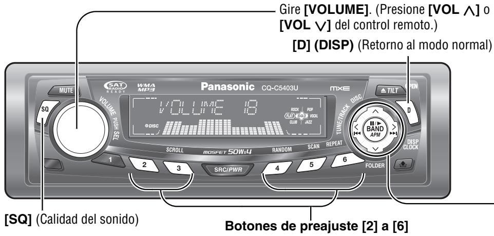 Gire [VOLUME]. (Presione [VOL ∧] o [VOL ∨] del control remoto.) [D] (DISP) (Retorno al modo normal) MUTE WMA MP3 Panasonic CQ-C5403U TME Δ TILT OPEN VOLUME PUSFER S0 1 / 0/1 LIME 19 VOLUME 19 RICK POP RJ2 VCAL CLUB JAZZ SCROLL ROSFET 50WxU RANDOM SCAN REPEAT SRC/PWR 4 5 6 FOLDER BAND APM DISP CLOCK [SQ] (Calidad del sonido) Botones de preajuste [2] a [6]