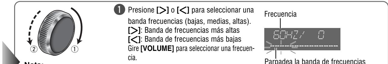 ① Presione [>] o [<] para seleccionar una banda frecuencias (bajas, medias, altas). [>]: Banda de frecuencias más altas [<]: Banda de frecuencias más bajas Gire [VOLUME] para seleccionar una frecuencia. Frecuencia 60Hz/ 0 Parpadea la banda de frecuencias