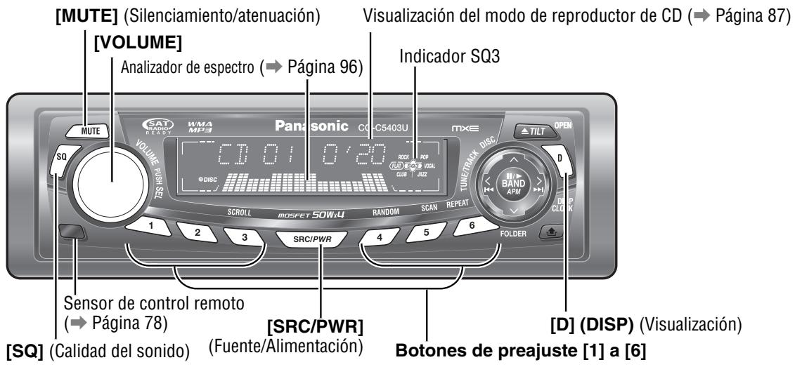 [MUTE] (Silenciamiento/atenuación) [Volume] Analizador de espectro (→ Página 96) Visualización del modo de reproductor de CD (→ Página 87) Indicador SQ3 SATO WMA MP3 VOLUME PUS SET Panasonic CQ-C5403U MXE TUNETRACK DISC ▲ TILT OPEN D BAND APM 1 2 3 SRC/PWR 4 5 6 FOLDER Sensor de control remoto (→ Página 78) [SQ] (Calidad del sonido) [Fuente/Alimentación] [SRCPWR] [B(D) (DISP) (Visualización)] Botones de preajuste [1] a [6]