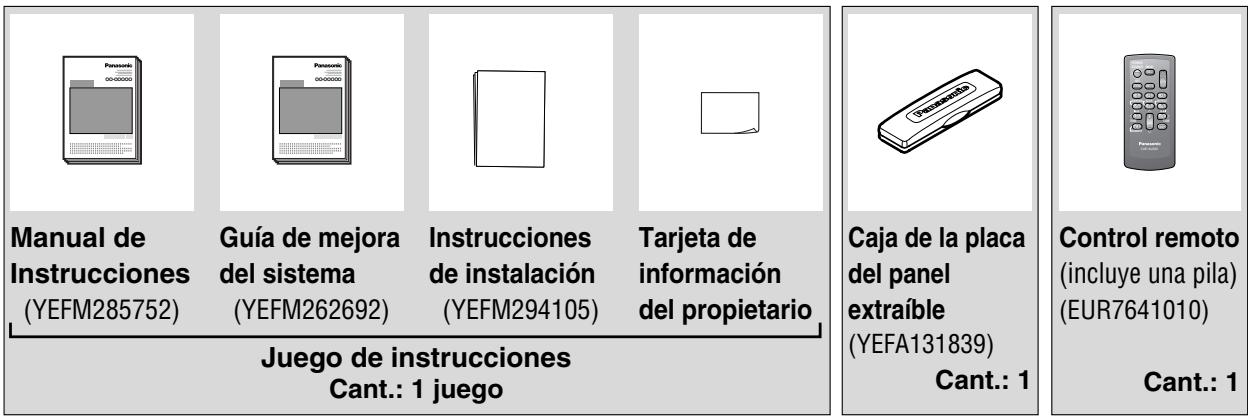 Manual de Instrucciones (YEFM285752) Guía de mejora del sistema (YEFM262692) Instrucciones de instalación (YEFM294105) Tarjeta de información del propietario Juego de instrucciones Cant.: 1 juego Caja de la placa del panele extraíble (YEFA131839) Cant.: 1 Control remoto (incluye una pila) (EUR7641010) Cant.: 1