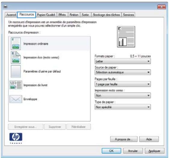 Avancé Raccourcis Papier/Qualité Effets Finan Sortie Stockage des tâches Services Un raccourci d'impression est un ensemble de paramètres d'impression enregistrés que vous pouvez sélectionner d'un simple clic. Raccourcie d'impression : Impression ordinaire Impression éco (recto verso) Paramètres d'usine par défaut Impression de livret Enveloppe Formats papier : 8,5 x 11 pouces Letter Source de papier : Sélection automatique Pages par feuille : 1 page par feuille Impression recto verso : Non Type de papier : Non spécifié Enregistrer sous... Supprimer Rénaliser A propos de... Aide A propos de... Annuler Appliquer
