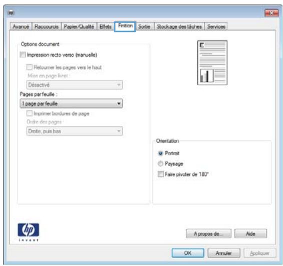 Avance Racourcurs Paper/Qualité Effets Finition Sortie Stockage des lâches Services Options document Impression recto verso (manuelle) Retoumer les pages vers le haut Mise en page livrer : Désactivé Pages par feuille : 1 page par feuille Impimer bordures de page Orde des pages Omlé, puis bas Orientation Portrait Paysage Faire pivotter de 180° A propos de... Aide OK Annuler Appliquer HP IMPORT