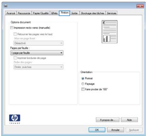 Avance Racourcurs Paper/Qualité Effets Finition Sotie Stockage des lâches Services Options document Impression recto verso (manuelle) Retoumer les pages vers le haut Mise en page livret: Désactivé Pages par feuille : I page par feuille Impimer bordures de page Ordre des pages Omate, puis bon Orientation Portrait Paysage Faire pivotter de 180° A propos de... Aide OK... Annuler Applique