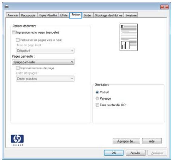 Avancé Racourcurs Paper/Qualité Effets Finition Sortie Stockage des lâches Services Options document Impression recto verso (manuelle) Retoumer les pages vers le haut Mise en page livrer : Désactivé Pages par feuille : 1 page par feuille Impimer bordures de page Ordre des pages Ome, puis bon Orientation Portrait Paysage Faire pivotter de 180° A propos de... Aide OK Annuler Appliquer hp LVPART