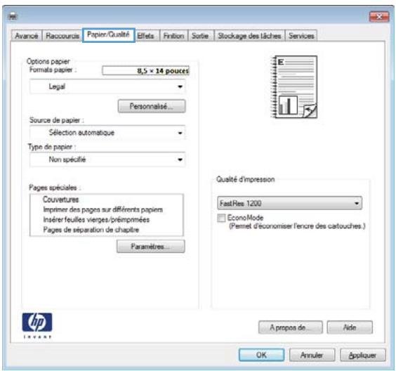 Avance Racoursus Papier/Qualité Effets Finition Sortie Stockage des lâches Services Options papier Formats papier : 8,5 x 14 poucesé Legal Personnalisé... Source de papier : Sélection automatique Type de papier : Non spécifié Pages spéciales : Couvertures Imprimer des pages sur différents papiers Insérer feuilles vierges/préimpromées Pages de séparation de chapitre Paramètres... Qualité d'impression FastRes 1200 EconoMode (Penmet d'économiser l'encre des cartouches.) A propos de... Aide OK Annuler Appliquer hp Invent