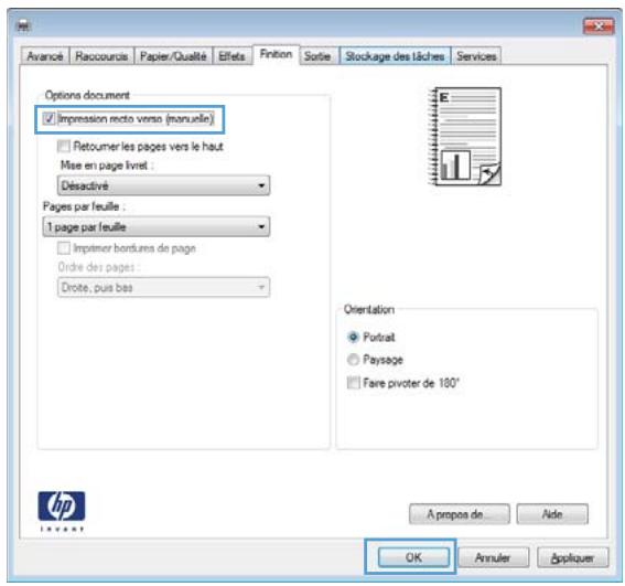 Options document Impression recto verso (monuelle) Retouimer les pages vers le haut Mise en page livret : Désactivé Pages par feuille : 1 page par feuille Imprimer bordures de page Ordre des pages : Drote, puis bas Orientation Portrait Paysage Fare pivoter de 180' A propos de... Aide OK Annuler Appliquer