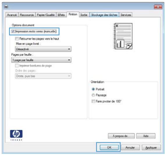Options document Impression recto verso (manuelle) Retouimer les pages vers le haut Mise en page livret : Désactivé Pages par feuille : 1 page par feuille Imprimer bordures de page Ordre des pages : Drote, puis bas Orientation Portrait Paysage Fare pivoter de 180' A propos de... Aide OK Annuler Appliquer