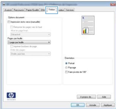 Finish Options document □ Impression recta verso (manuelle) □ Retraîne les pages vers le haut View en page layout Extracted Pages par tables 1 page par table □ Inverse brochures de page Order des pages Delite puis les Orientation ● Portrait ○ Passage □ Faire privées de 100° A proposé de... Add OK Apply Applique