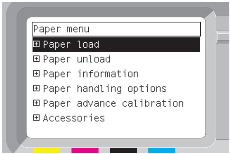 Paper menu + Paper load + Paper unload + Paper information + Paper handling options + Paper advance calibration + Accessories