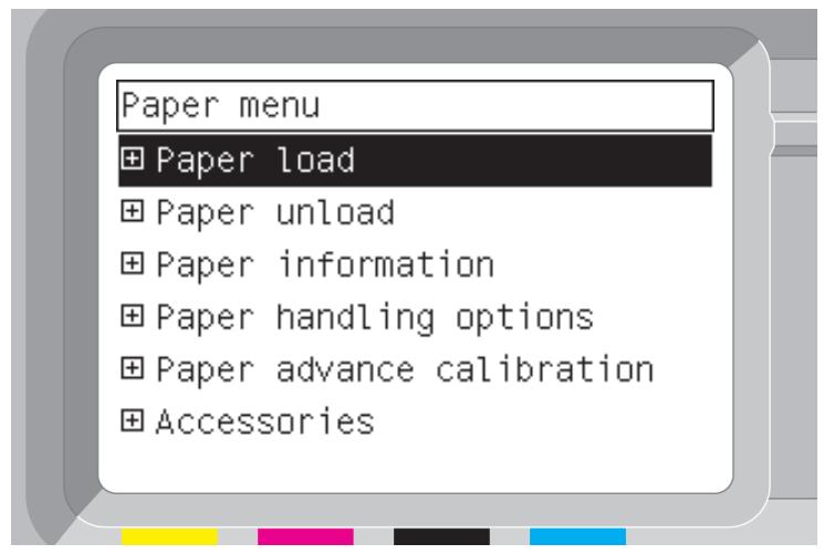 Paper menu + Paper load + Paper unload + Paper information + Paper handling options + Paper advance calibration + Accessories