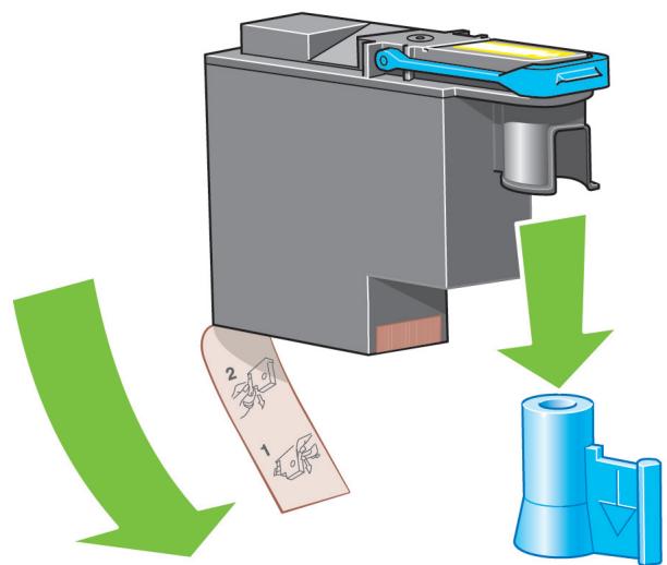 Diagram illustrating a printer's internal structure with labeled parts and green arrows indicating process flow.