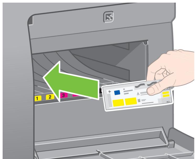 Illustration showing a hand inserting a color palette into an ATM machine with numbered slots and a green arrow indicating the direction.