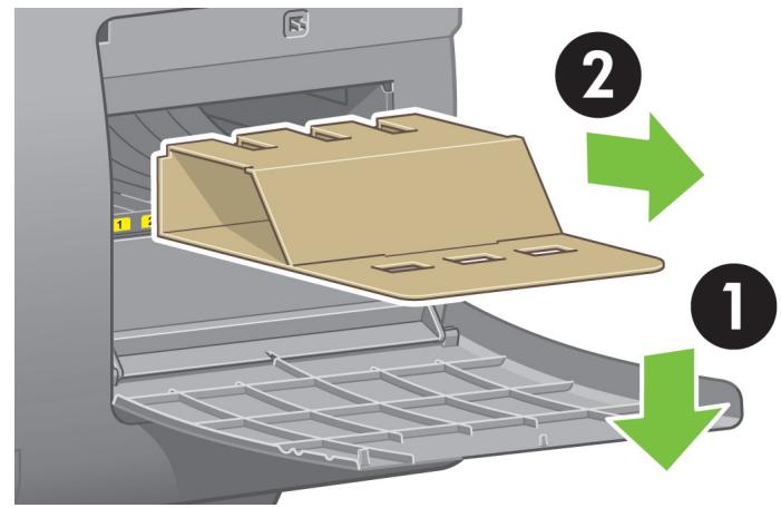 Diagram showing a printer drawer with labeled parts and directional arrows indicating process steps