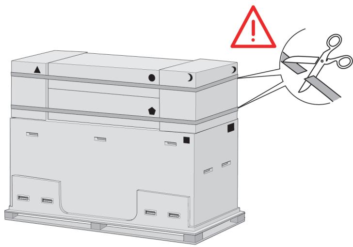 Diagram showing a device with warning sign and scissors cutting edge, indicating critical damage or hazard.