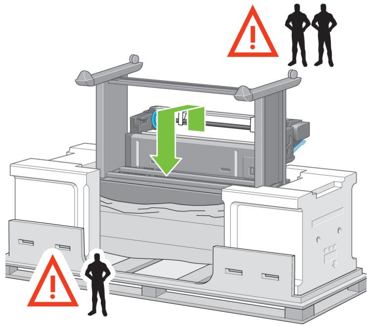 Diagram illustrating a 3D printing machine with warning symbols and human silhouettes, indicating safety or hazard.
