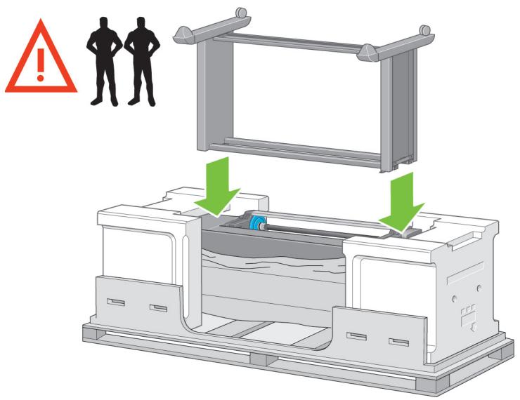 Diagram illustrating a mechanical assembly with warning symbols and two silhouettes, showing structural components and directional arrows.