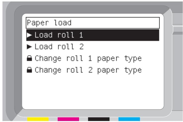 Paper load ► Load roll 1 ► Load roll 2 ■ Change roll 1 paper type ■ Change roll 2 paper type