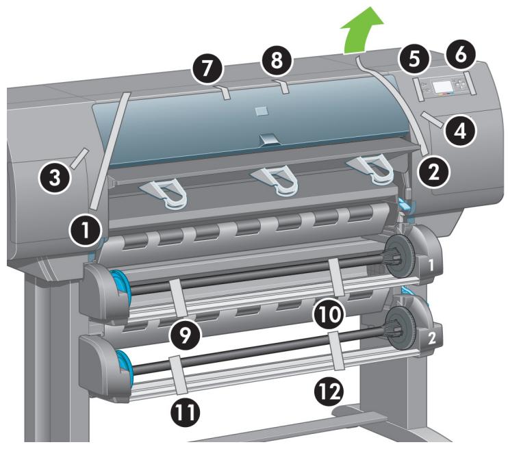 Diagram of a printer with numbered parts and an arrow indicating motion or assembly, likely illustrating a printing or printing process.