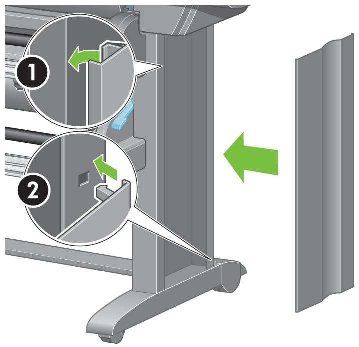 Diagram illustrating a mechanical assembly with labeled steps (1 and 2) showing green directional arrows indicating movement or transformation.