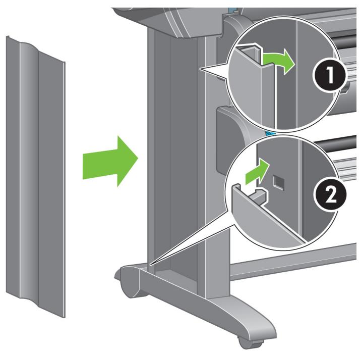 Diagram illustrating a mechanical assembly process with labeled steps 1 and 2 showing green arrows indicating movement or transformation.