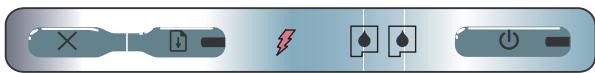 Electrical warning symbol panel with battery, fuse, lightning bolt, drop icons, and power button