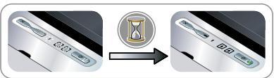 Diagram showing a door with control buttons and an hourglass icon, illustrating a process from left to right.
