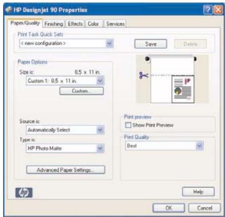 HP DESIGNJET 90 - Pilote Windows : accès aux options de l'imprimante - 1