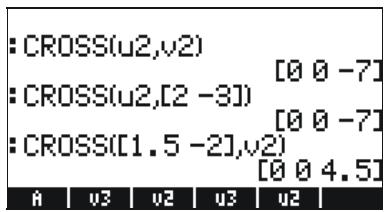 : CROSS(u2,v2) [0 0 -7] : CROSS(u2,[2 -3]) [0 0 -7] : CROSS([1.5 -2],v2) [0 0 4.5] A v3 v2 v3 v2