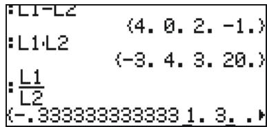 ·L1-L2 (4. 0. 2. -1.) ·L1·L2 (-3. 4. 3. 20.) ·L1/L2 (-.333333333333 1. 3. .)