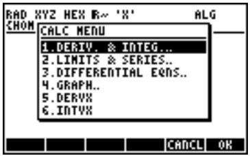 RAD XYZ HEX R- 'X' ALG CHOM CALC MENU 1. DERIV. & INTEG .. 2. LIMITS & SERIES .. 3. DIFFERENTIAL EENS .. 4. GRAPH .. 5. DERVX . 6. INTVX . CANCEL OK