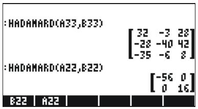 :HADAMARD(A33,B33) [32 -3 28] [-28 -40 42] [-35 -6 2] :HADAMARD(A22,B22) [ -56 0 ] [ 0 16 ] B22 A22